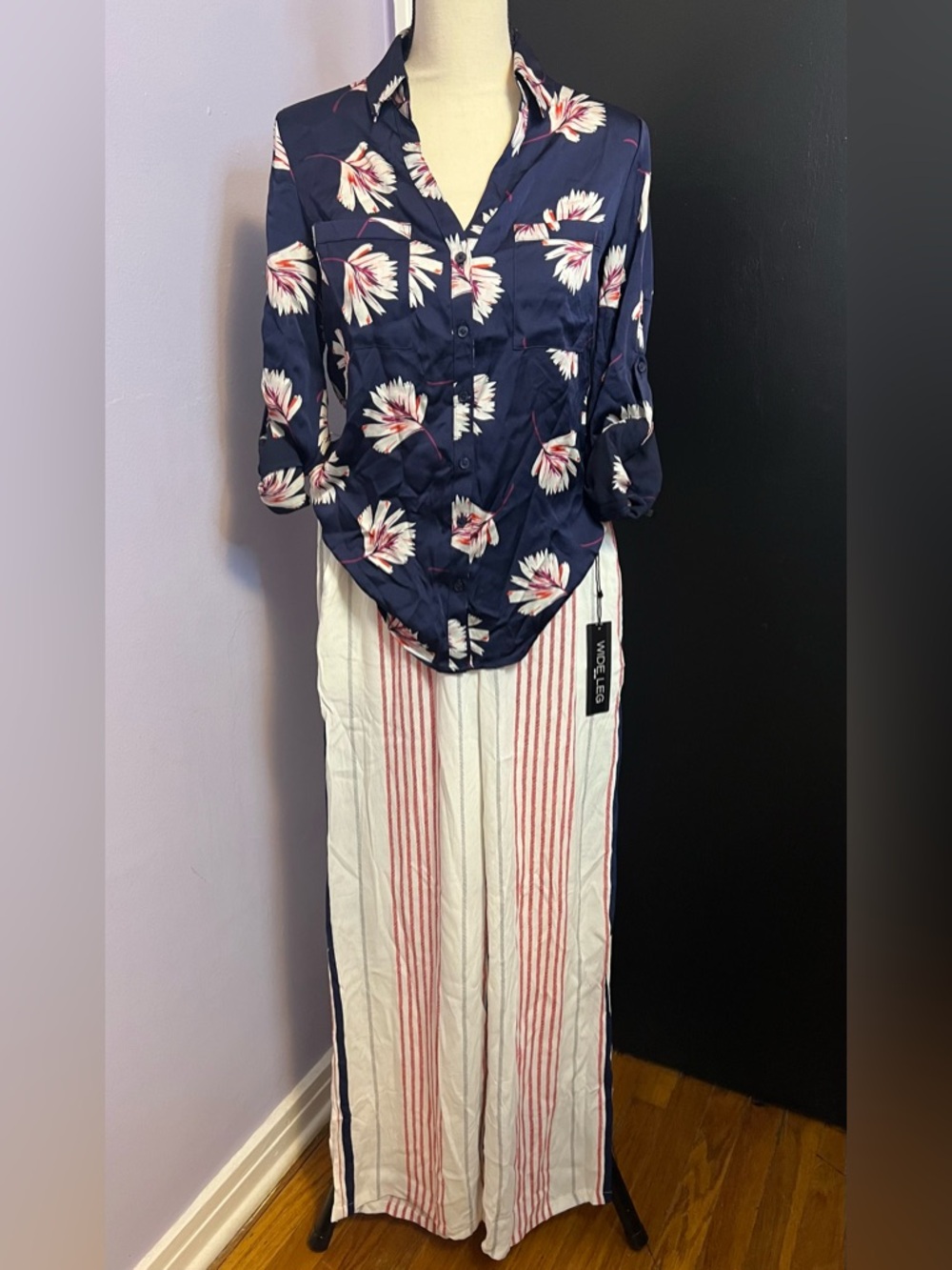 EXPRESS Wide Leg Striped Pants with Satin Waistband - Picture 6 of 6